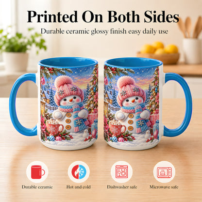 #pl[15oz|Blue] Cute Snowman Coffee Mug, Pink Blue Holiday Mug, Ceramic Cup