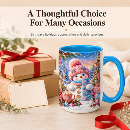 #pl[15oz|Blue] Cute Snowman Coffee Mug, Pink Blue Holiday Mug, Ceramic Cup
