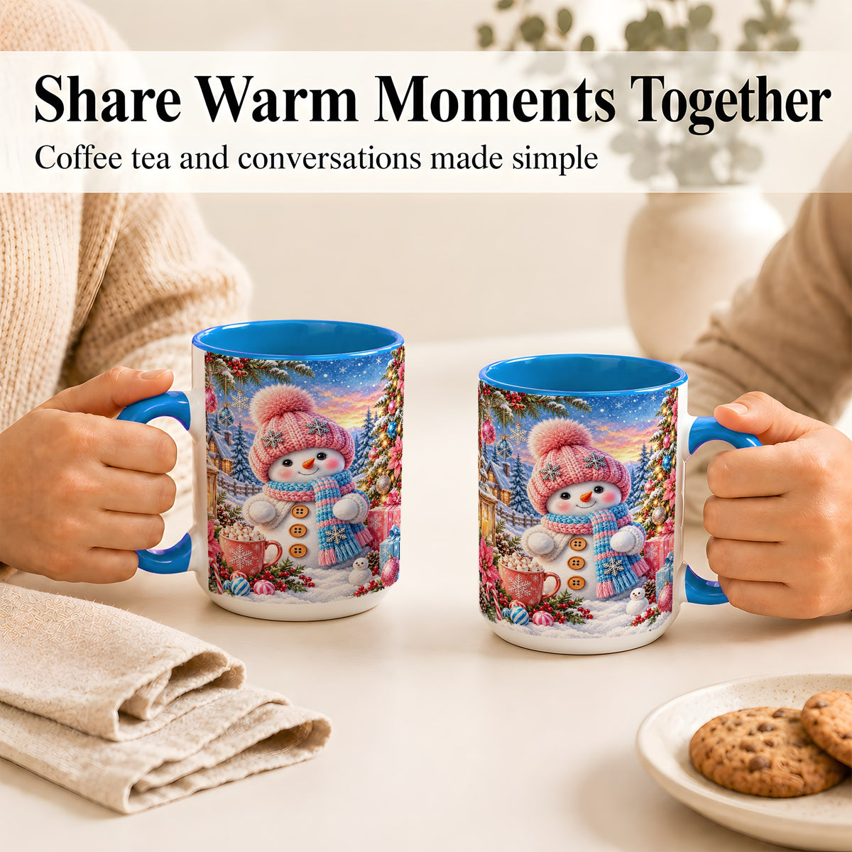 #pl[15oz|Blue] Cute Snowman Coffee Mug, Pink Blue Holiday Mug, Ceramic Cup