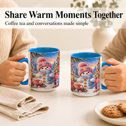 #pl[15oz|Blue] Cute Snowman Coffee Mug, Pink Blue Holiday Mug, Ceramic Cup