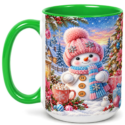 #pl[15oz|Green] Cute Snowman Coffee Mug, Pink Blue Holiday Mug, Ceramic Cup