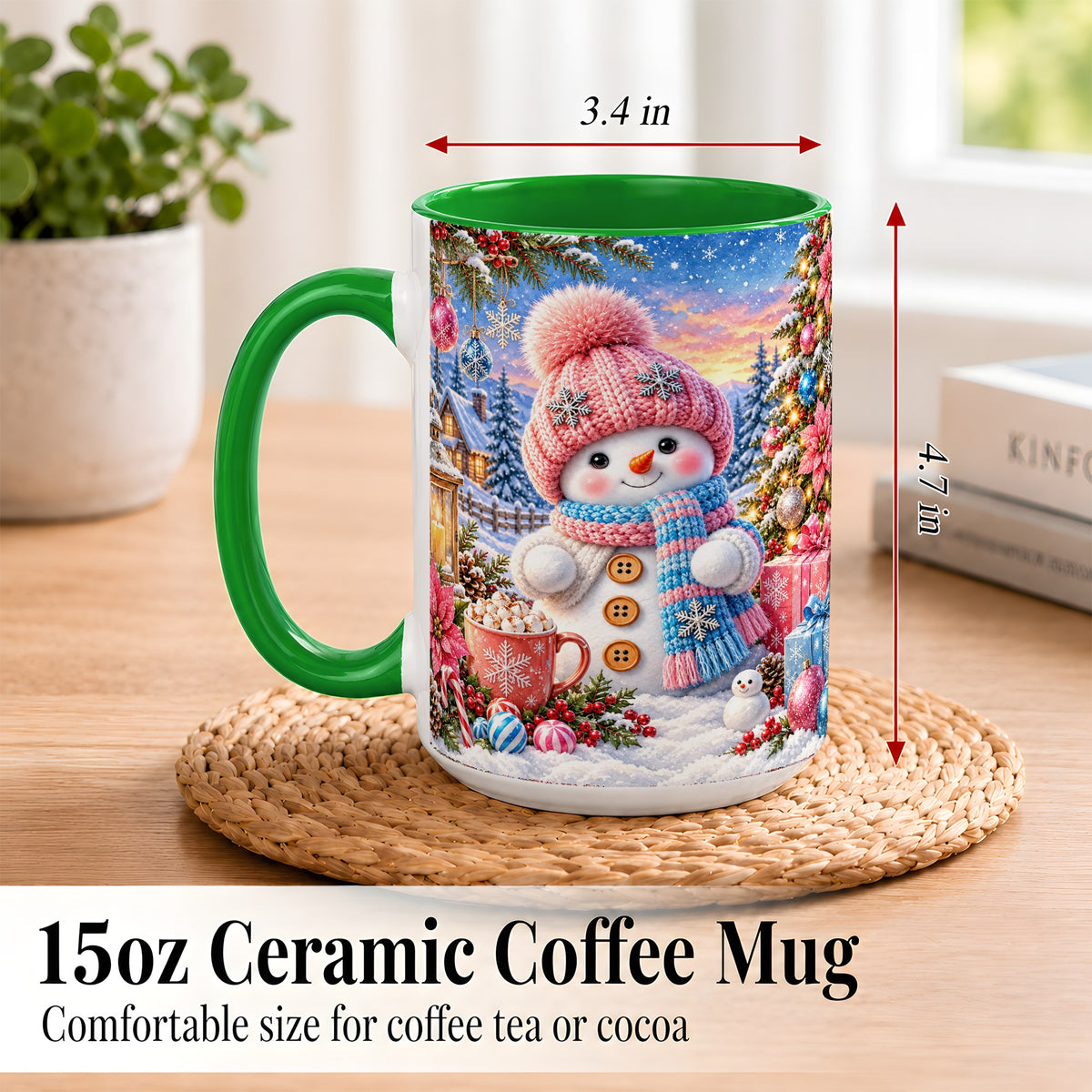 #pl[15oz|Green] Cute Snowman Coffee Mug, Pink Blue Holiday Mug, Ceramic Cup