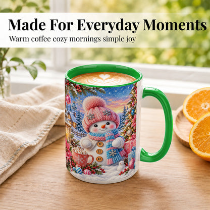 #pl[15oz|Green] Cute Snowman Coffee Mug, Pink Blue Holiday Mug, Ceramic Cup