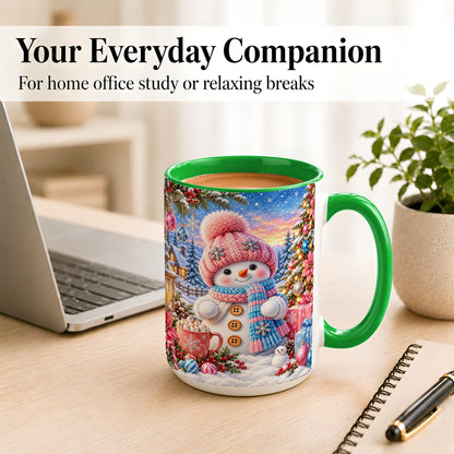 #pl[15oz|Green] Cute Snowman Coffee Mug, Pink Blue Holiday Mug, Ceramic Cup