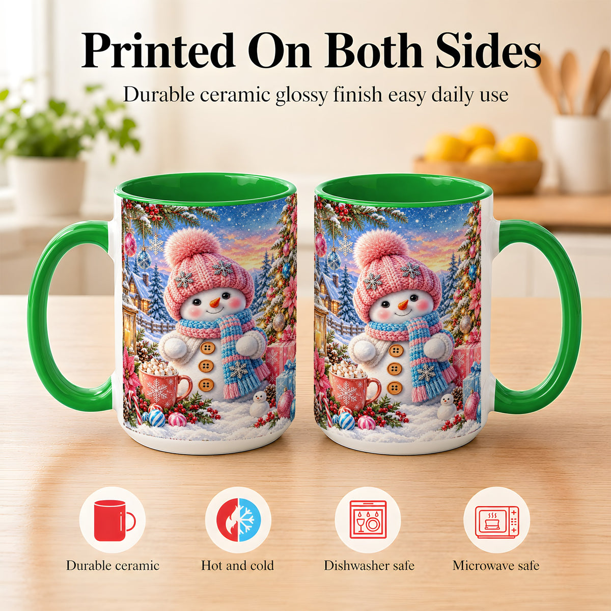 #pl[15oz|Green] Cute Snowman Coffee Mug, Pink Blue Holiday Mug, Ceramic Cup