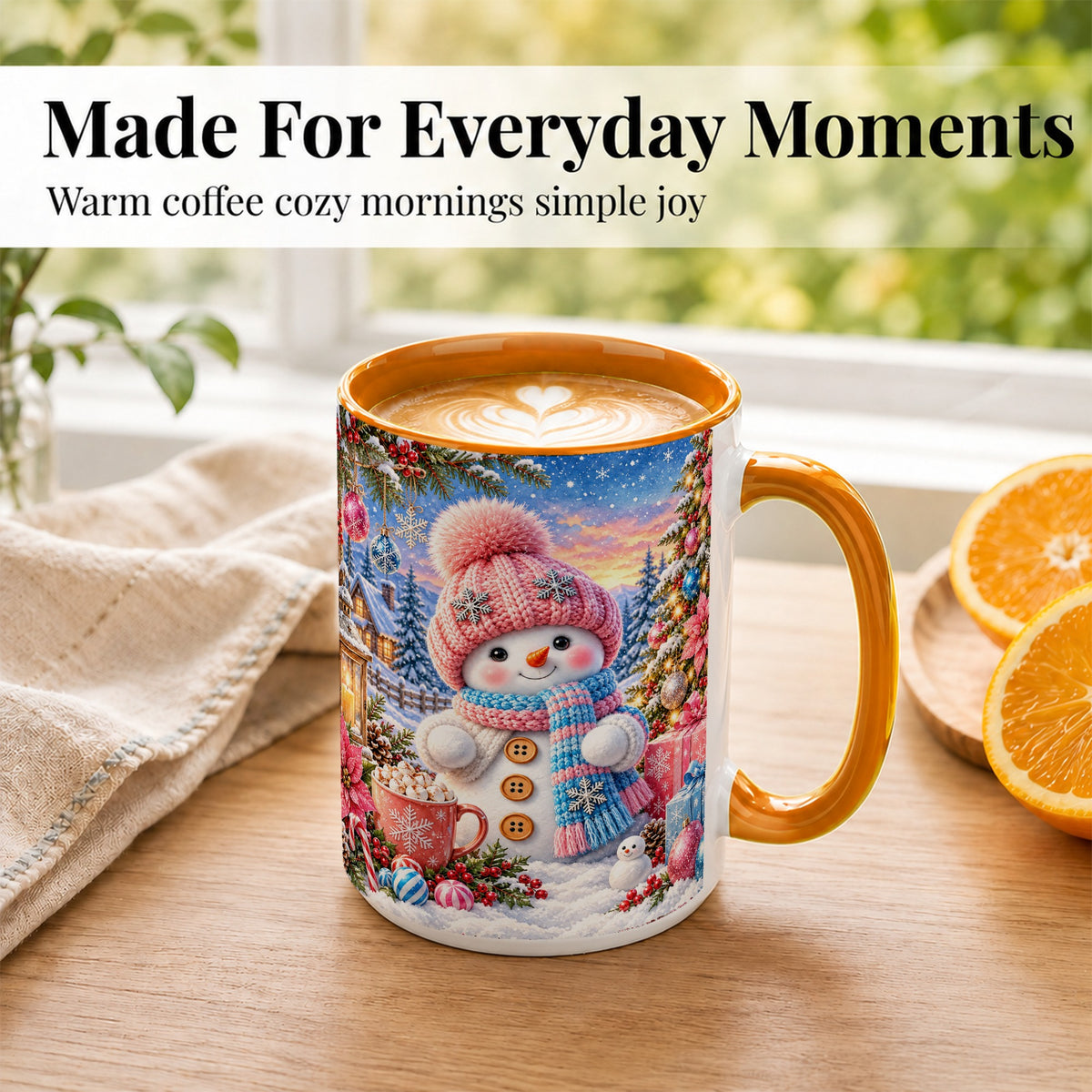#pl[15oz|Orange] Cute Snowman Coffee Mug, Pink Blue Holiday Mug, Ceramic Cup