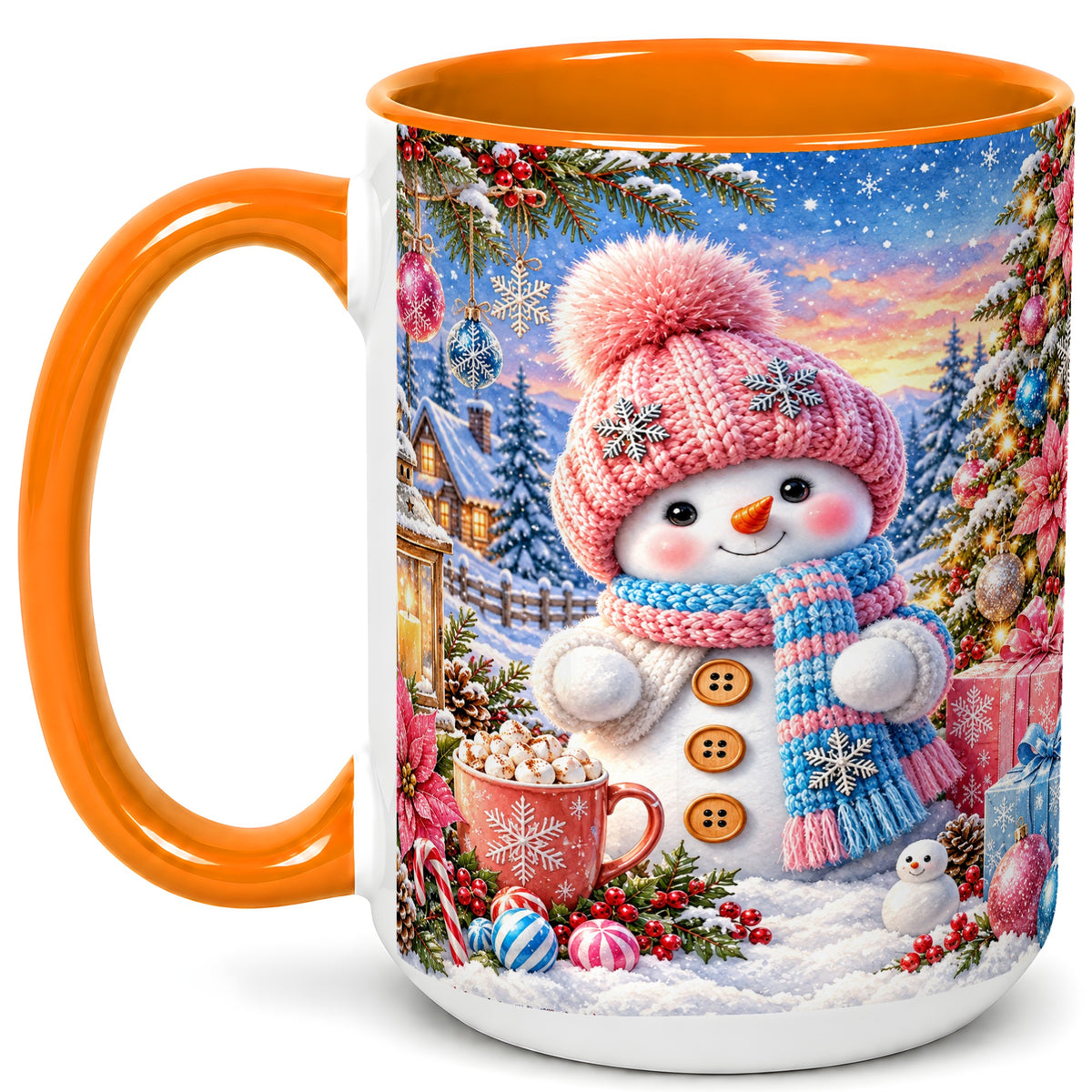 #pl[15oz|Orange] Cute Snowman Coffee Mug, Pink Blue Holiday Mug, Ceramic Cup