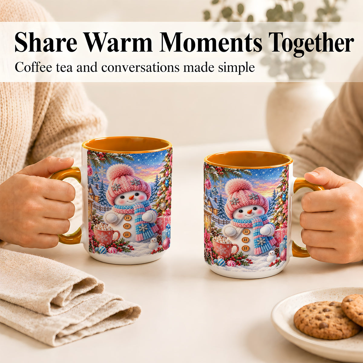 #pl[15oz|Orange] Cute Snowman Coffee Mug, Pink Blue Holiday Mug, Ceramic Cup