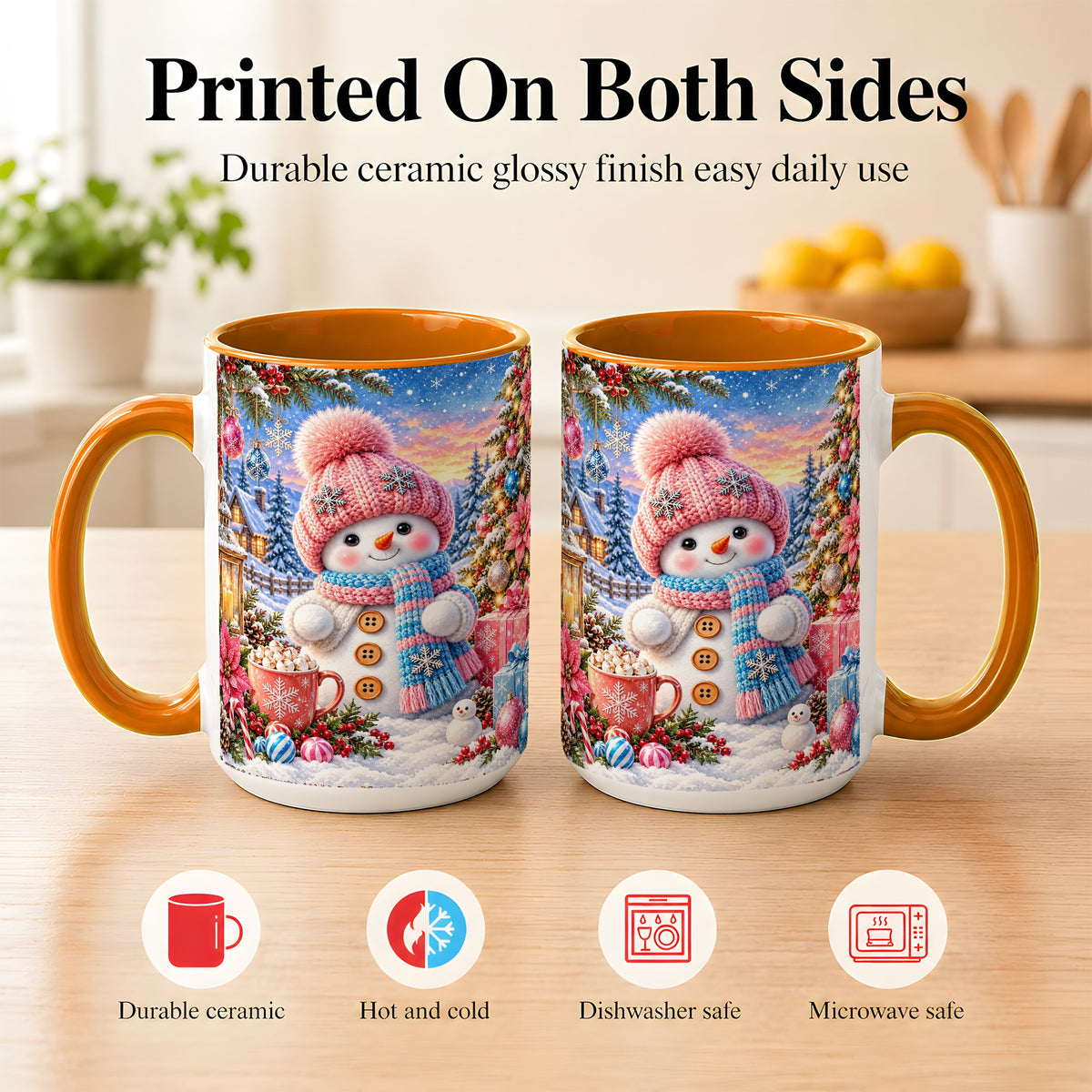 #pl[15oz|Orange] Cute Snowman Coffee Mug, Pink Blue Holiday Mug, Ceramic Cup