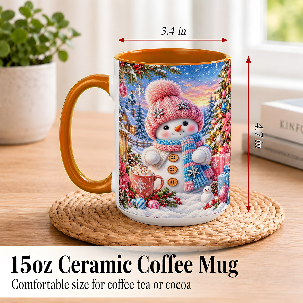 #pl[15oz|Orange] Cute Snowman Coffee Mug, Pink Blue Holiday Mug, Ceramic Cup