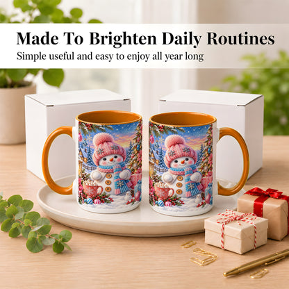 #pl[15oz|Orange] Cute Snowman Coffee Mug, Pink Blue Holiday Mug, Ceramic Cup