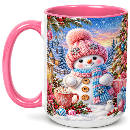 #pl[15oz|Pink] Cute Snowman Coffee Mug, Pink Blue Holiday Mug, Ceramic Cup
