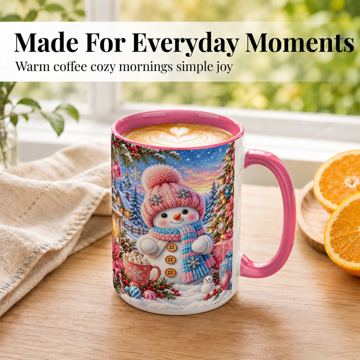 #pl[15oz|Pink] Cute Snowman Coffee Mug, Pink Blue Holiday Mug, Ceramic Cup