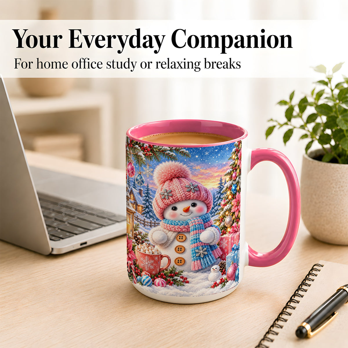 #pl[15oz|Pink] Cute Snowman Coffee Mug, Pink Blue Holiday Mug, Ceramic Cup