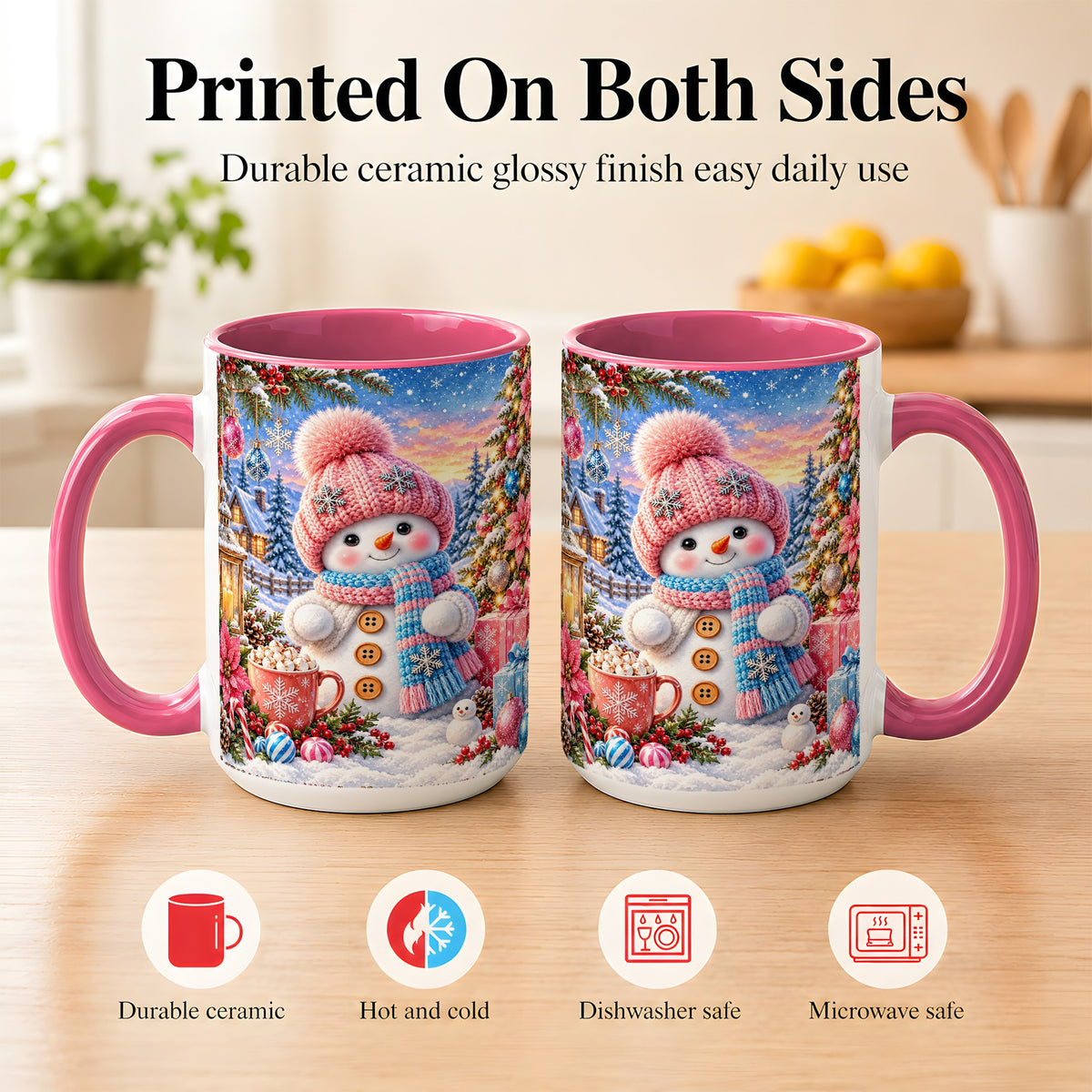 #pl[15oz|Pink] Cute Snowman Coffee Mug, Pink Blue Holiday Mug, Ceramic Cup