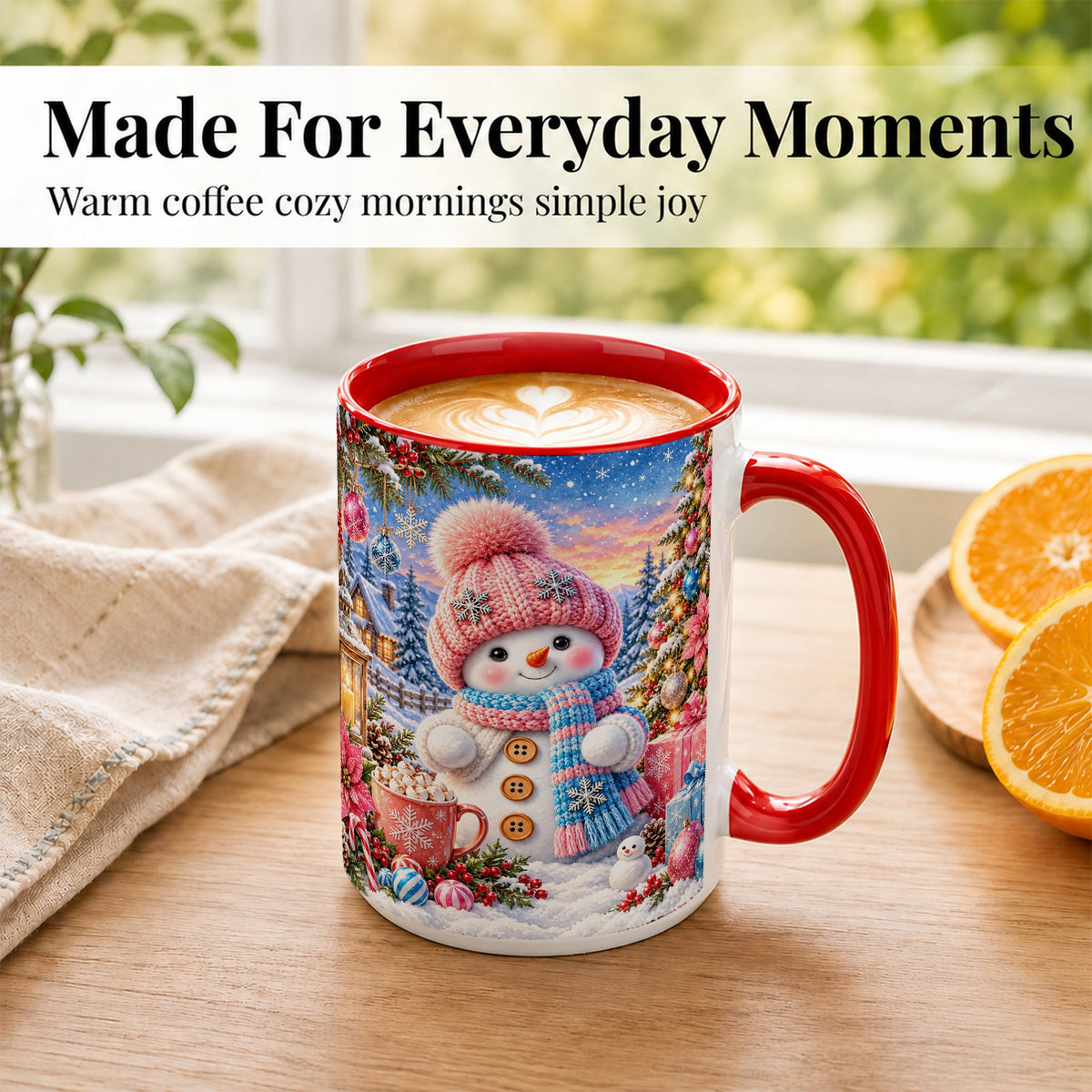 #pl[15oz|Red] Cute Snowman Coffee Mug, Pink Blue Holiday Mug, Ceramic Cup