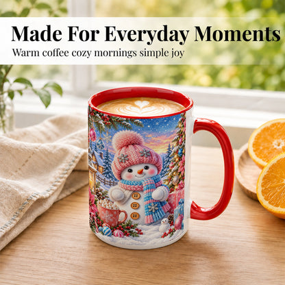 #pl[15oz|Red] Cute Snowman Coffee Mug, Pink Blue Holiday Mug, Ceramic Cup