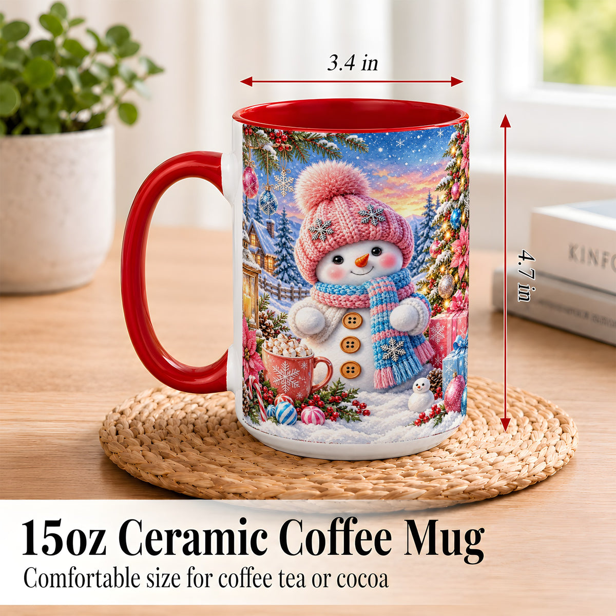 #pl[15oz|Red] Cute Snowman Coffee Mug, Pink Blue Holiday Mug, Ceramic Cup