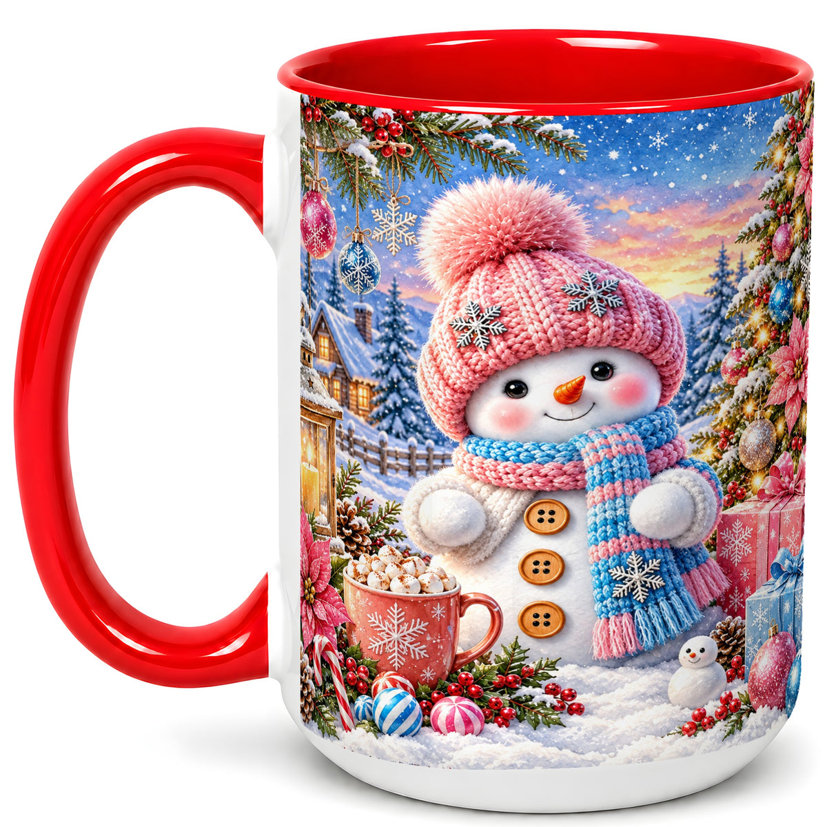 #pl[15oz|Red] Cute Snowman Coffee Mug, Pink Blue Holiday Mug, Ceramic Cup