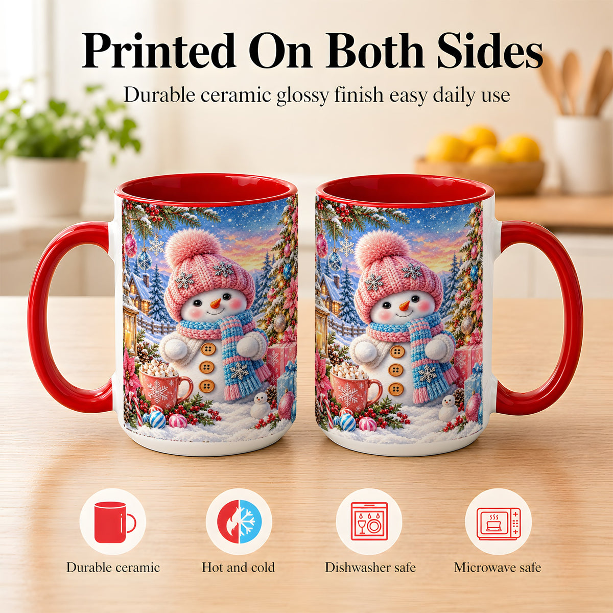 #pl[15oz|Red] Cute Snowman Coffee Mug, Pink Blue Holiday Mug, Ceramic Cup