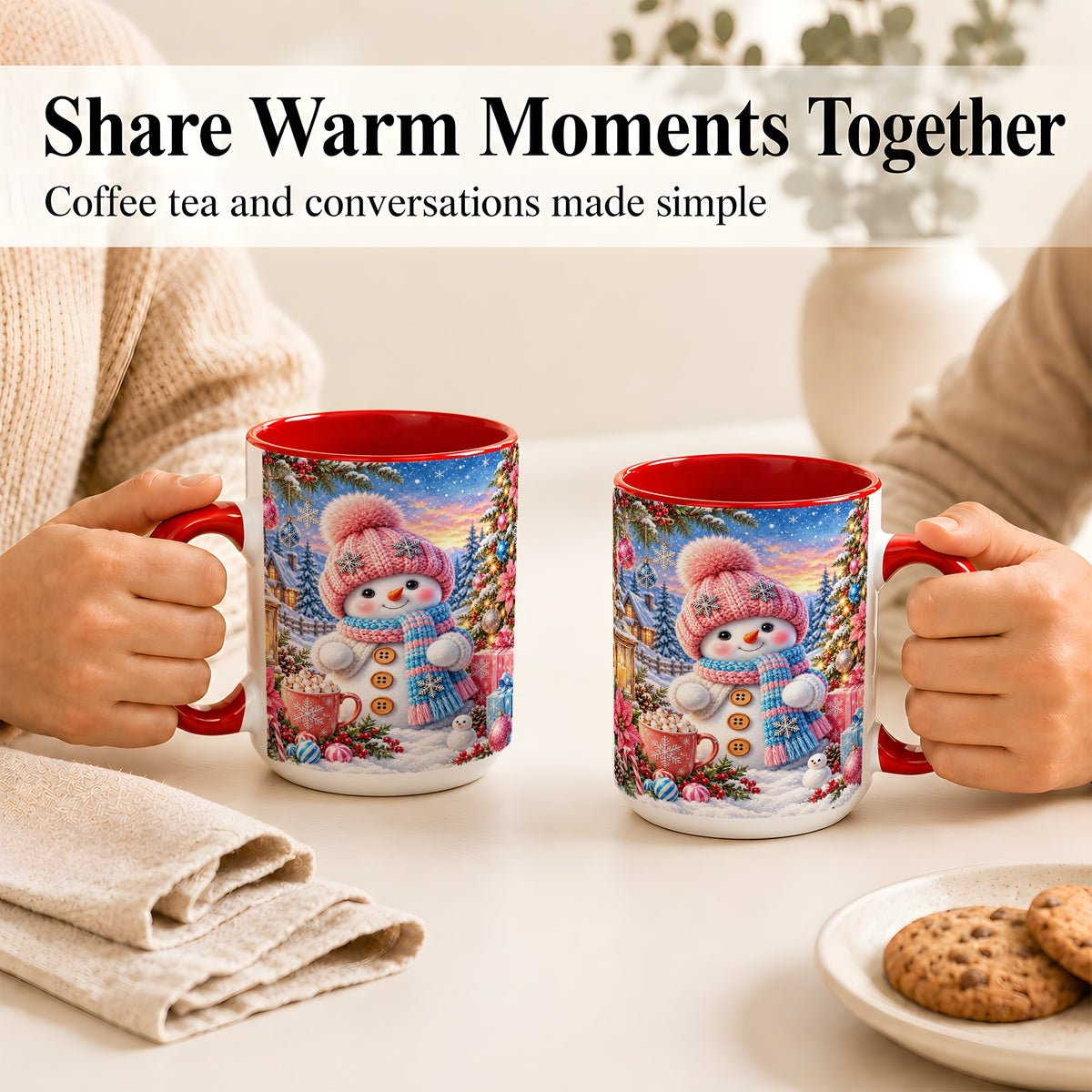 #pl[15oz|Red] Cute Snowman Coffee Mug, Pink Blue Holiday Mug, Ceramic Cup