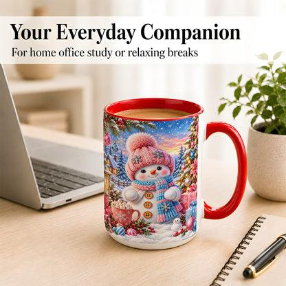 #pl[15oz|Red] Cute Snowman Coffee Mug, Pink Blue Holiday Mug, Ceramic Cup