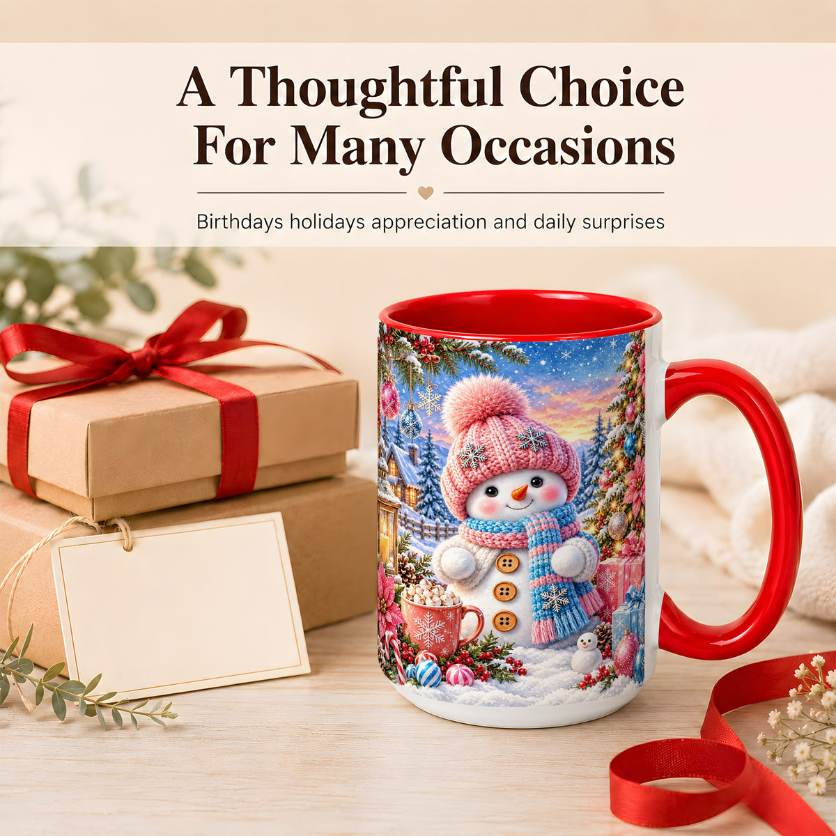 #pl[15oz|Red] Cute Snowman Coffee Mug, Pink Blue Holiday Mug, Ceramic Cup