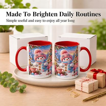 #pl[15oz|Red] Cute Snowman Coffee Mug, Pink Blue Holiday Mug, Ceramic Cup