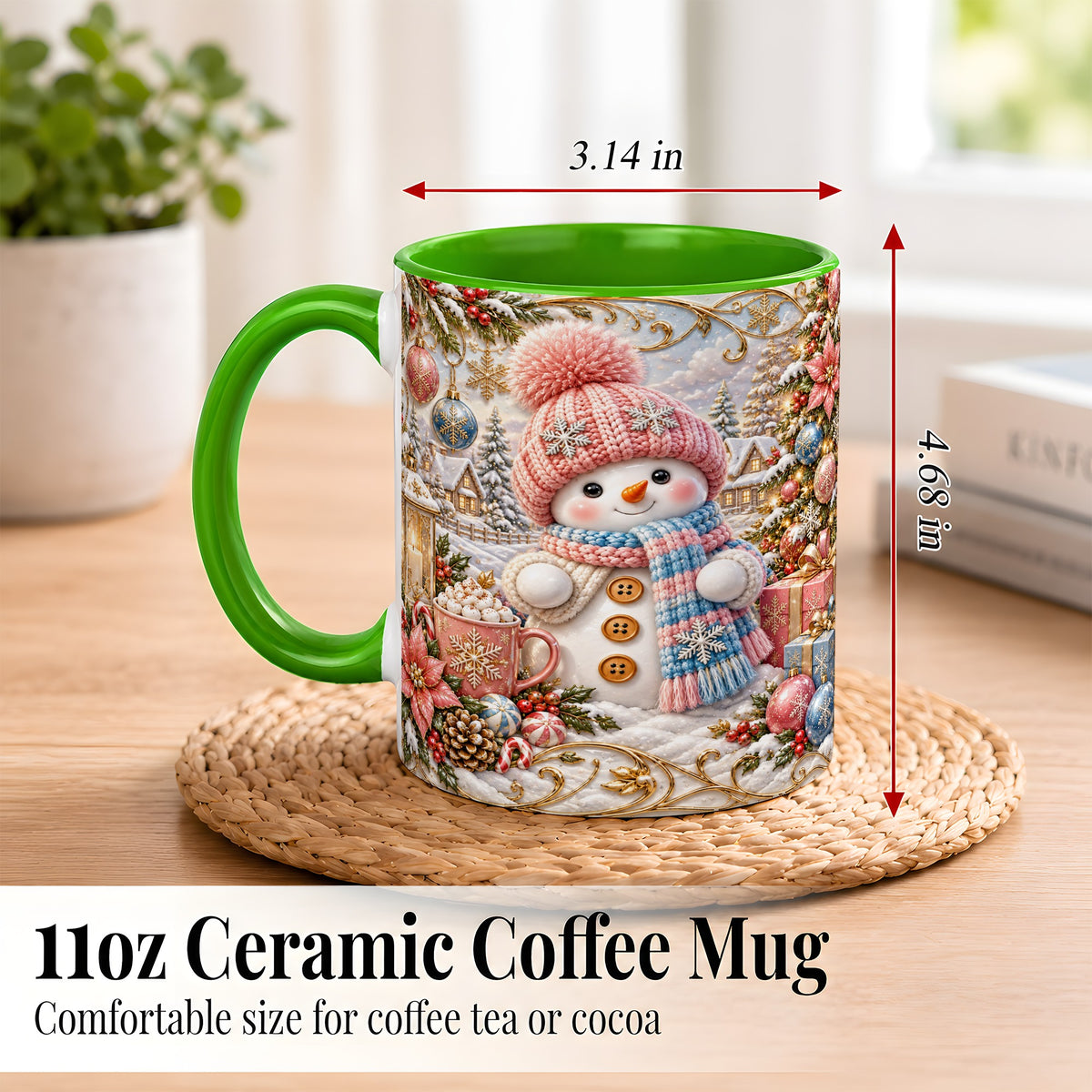 #pl[11oz|Green] Pink Snowman Coffee Mug, Winter Mug, Ceramic Cup