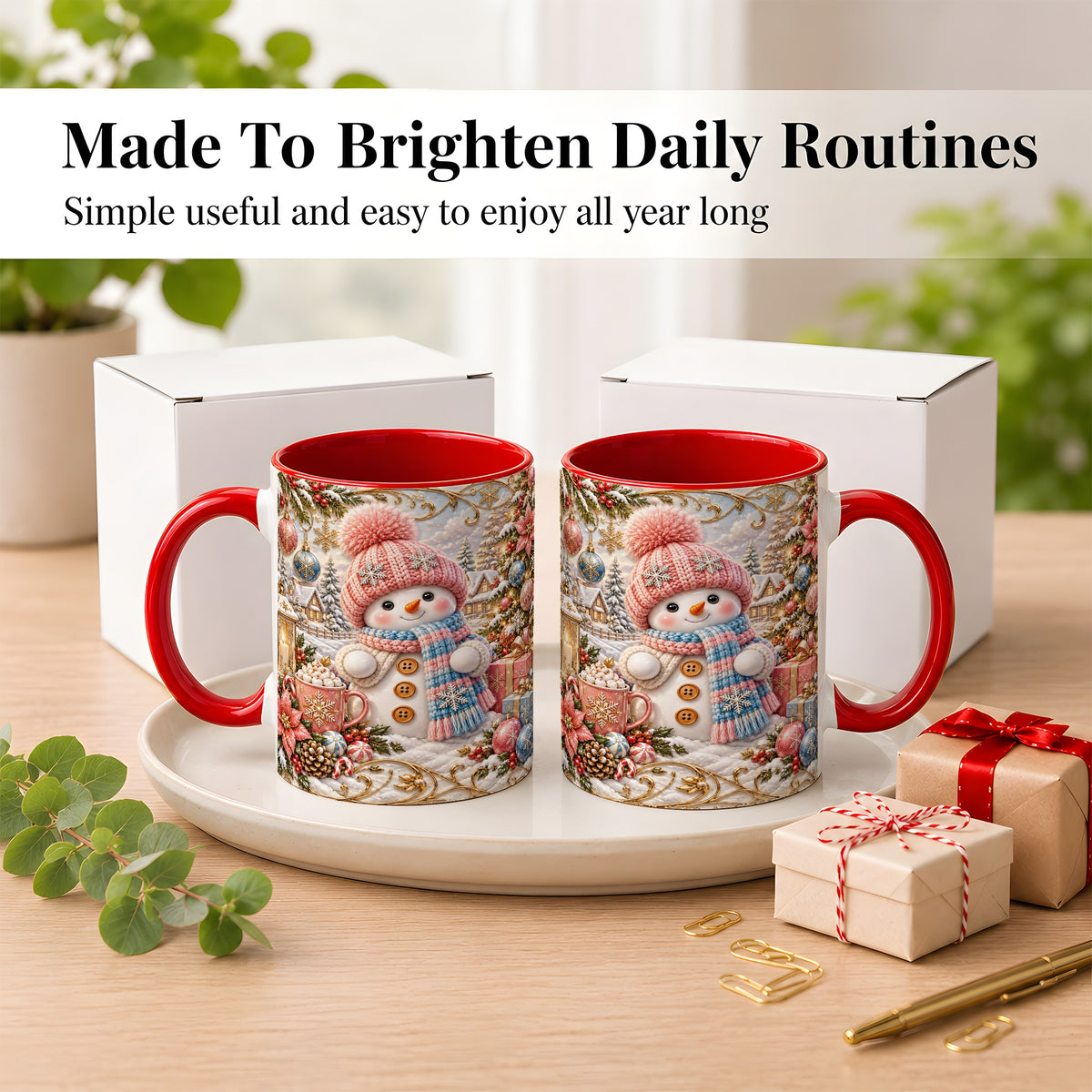 #pl[11oz|Red] Pink Snowman Coffee Mug, Winter Mug, Ceramic Cup