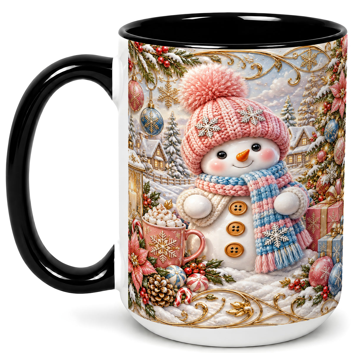 #pl[15oz|Black] Pink Snowman Coffee Mug, Winter Mug, Ceramic Cup