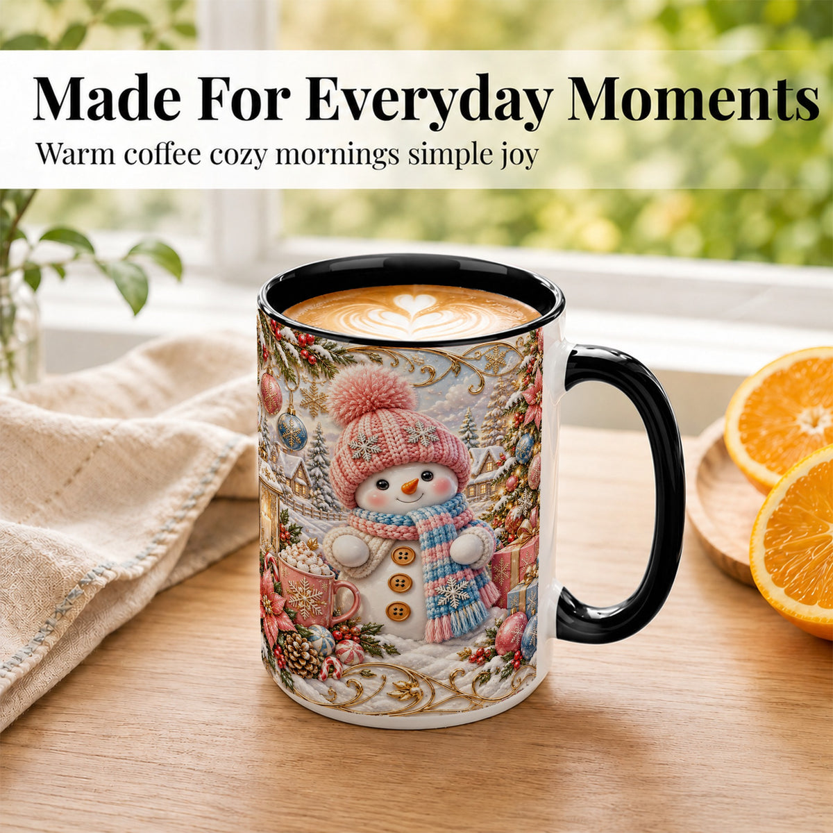 #pl[15oz|Black] Pink Snowman Coffee Mug, Winter Mug, Ceramic Cup