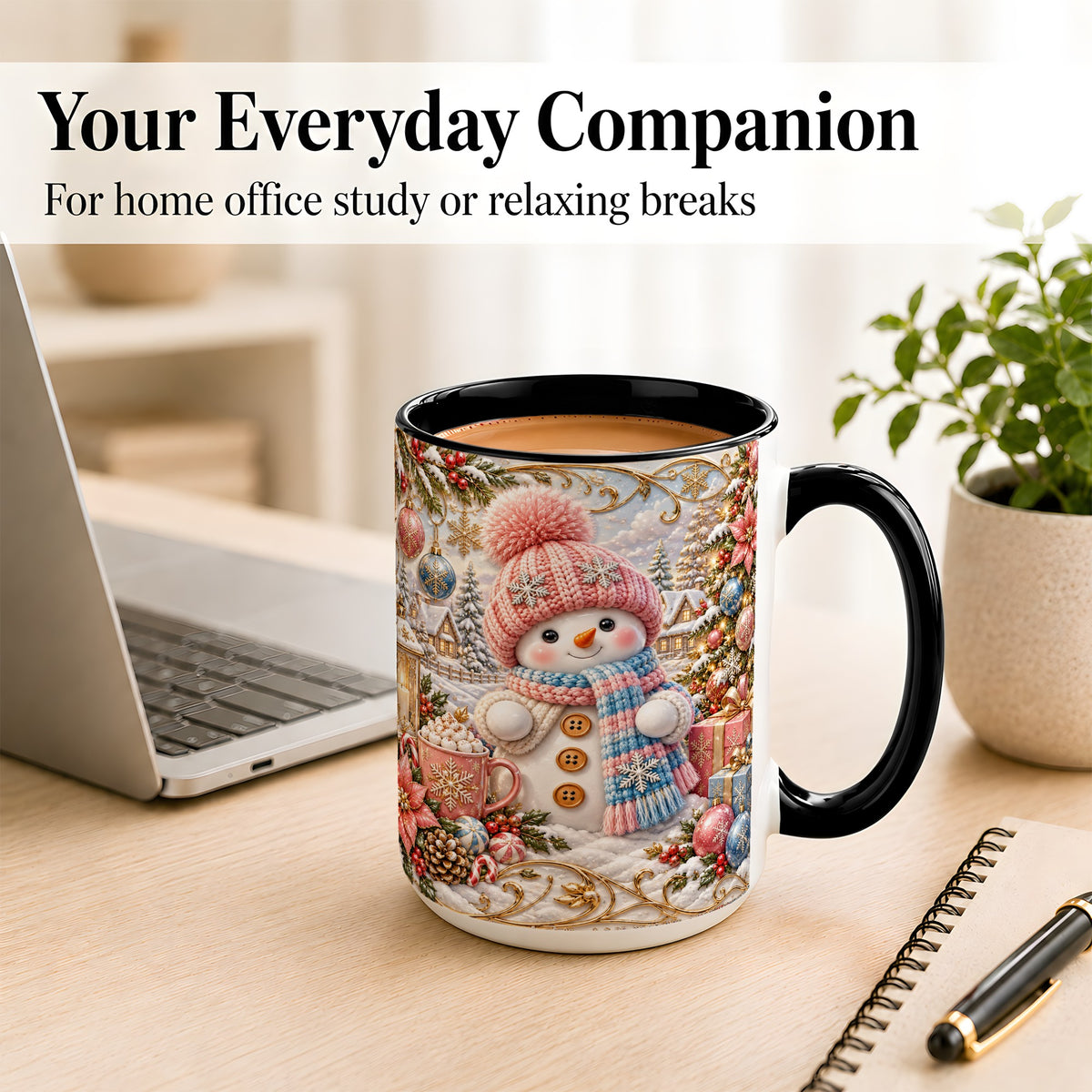 #pl[15oz|Black] Pink Snowman Coffee Mug, Winter Mug, Ceramic Cup