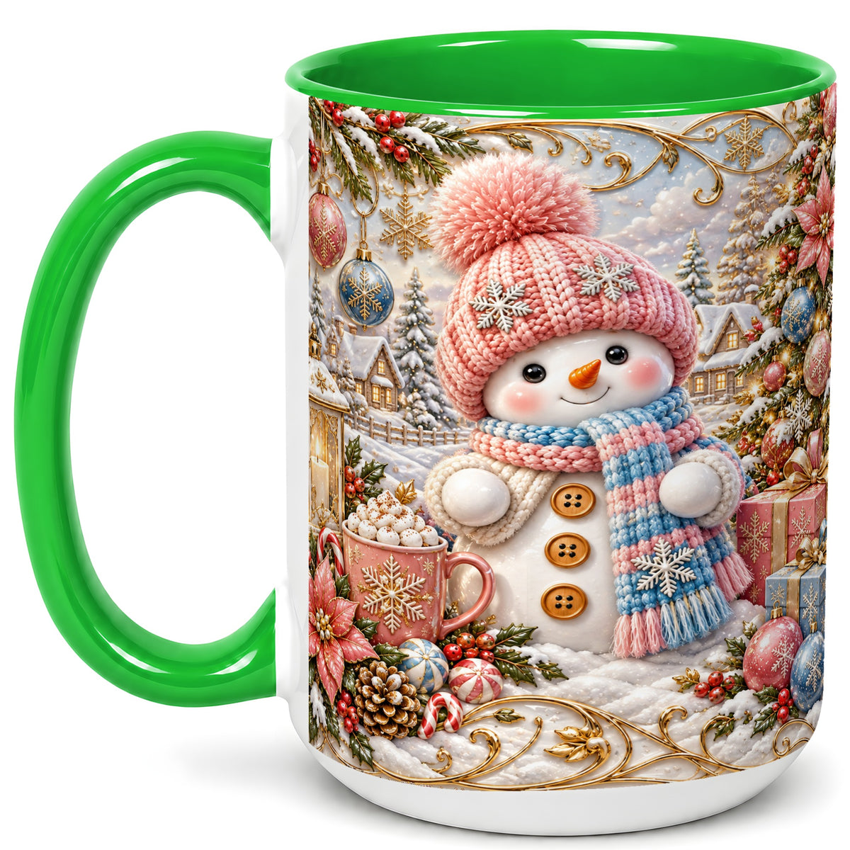 #pl[15oz|Green] Pink Snowman Coffee Mug, Winter Mug, Ceramic Cup