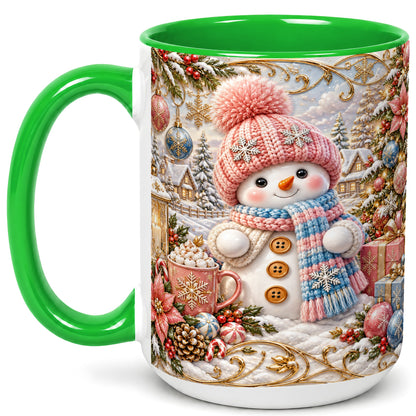 #pl[15oz|Green] Pink Snowman Coffee Mug, Winter Mug, Ceramic Cup