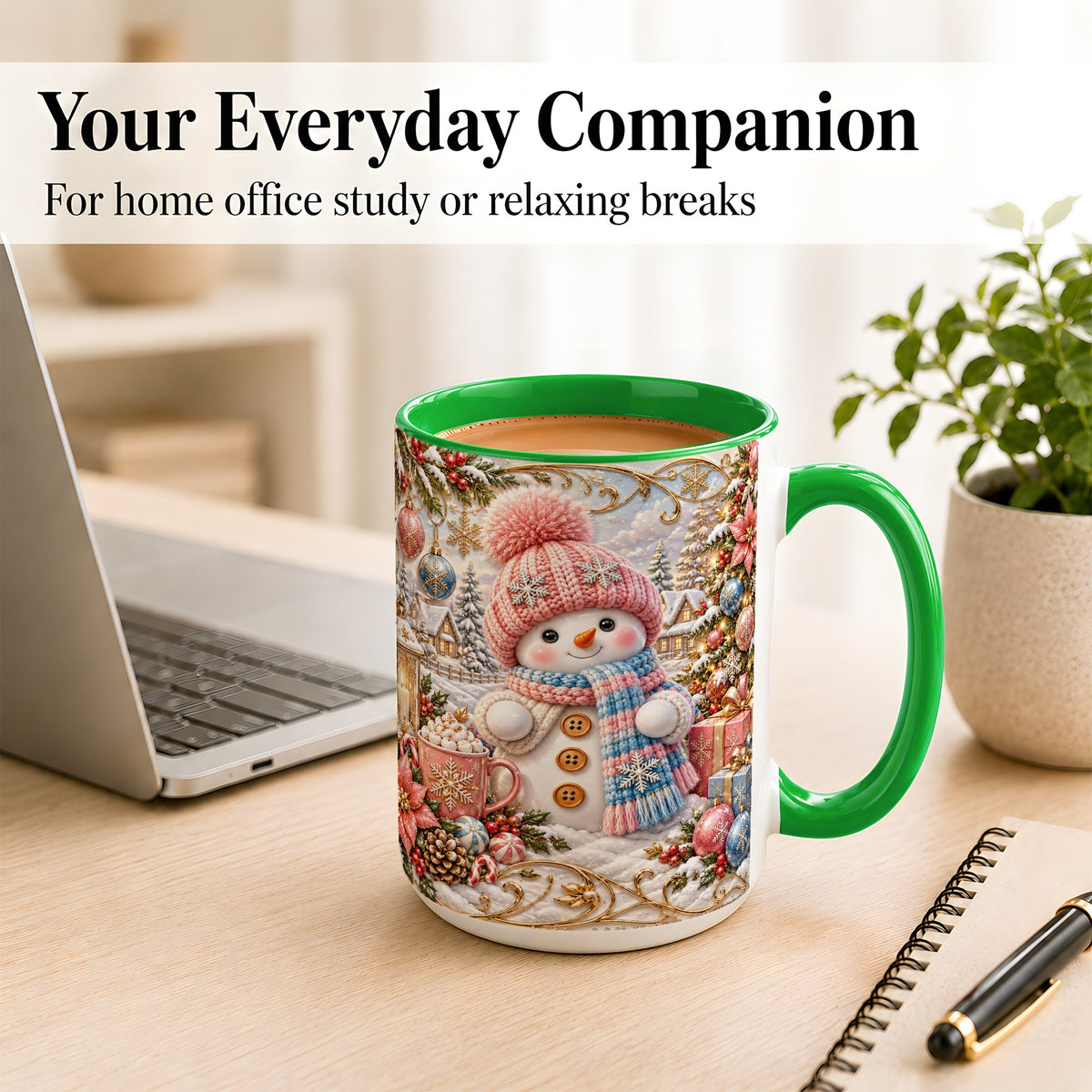 #pl[15oz|Green] Pink Snowman Coffee Mug, Winter Mug, Ceramic Cup