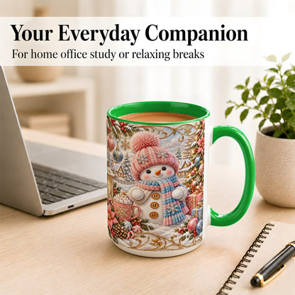 #pl[15oz|Green] Pink Snowman Coffee Mug, Winter Mug, Ceramic Cup