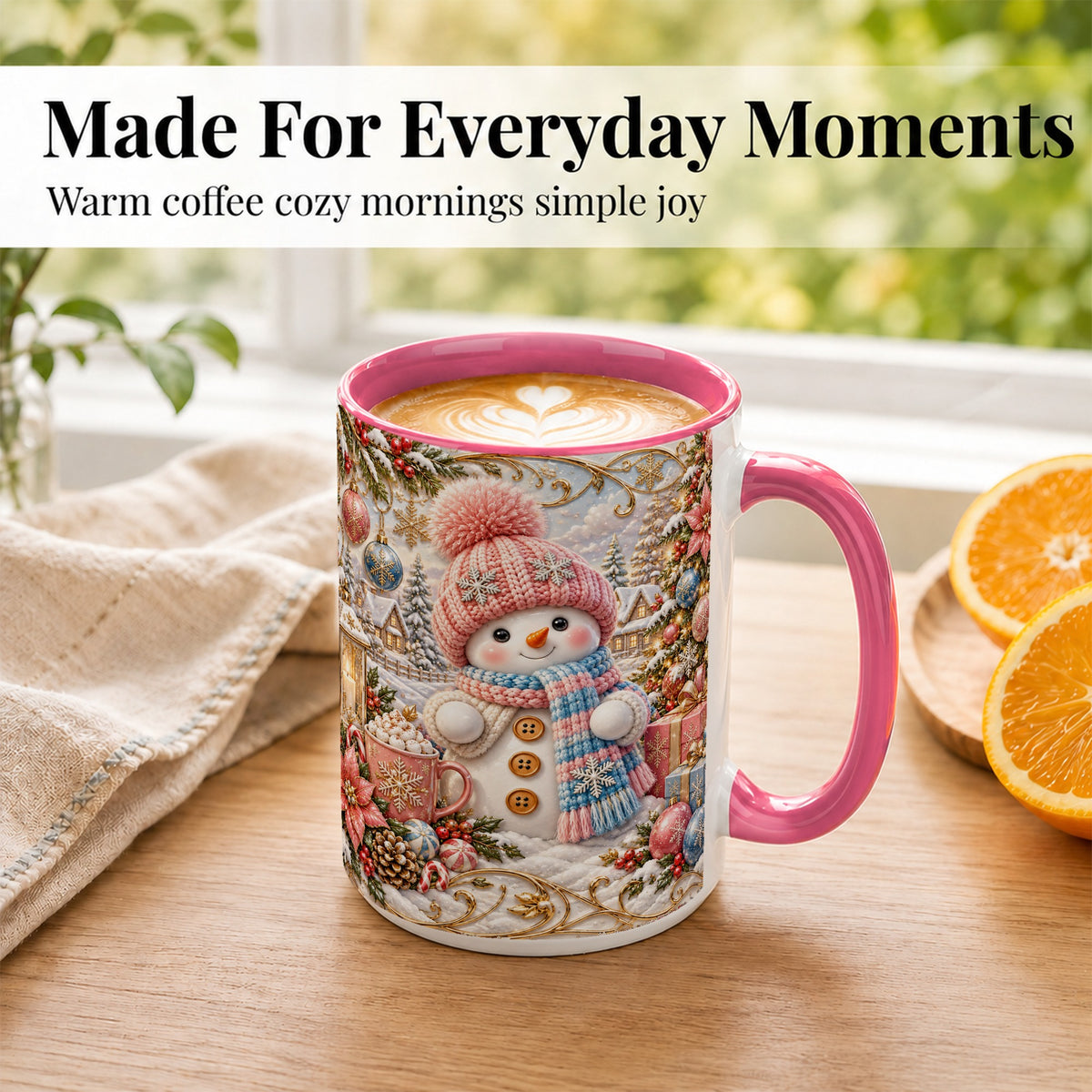 #pl[15oz|Pink] Pink Snowman Coffee Mug, Winter Mug, Ceramic Cup