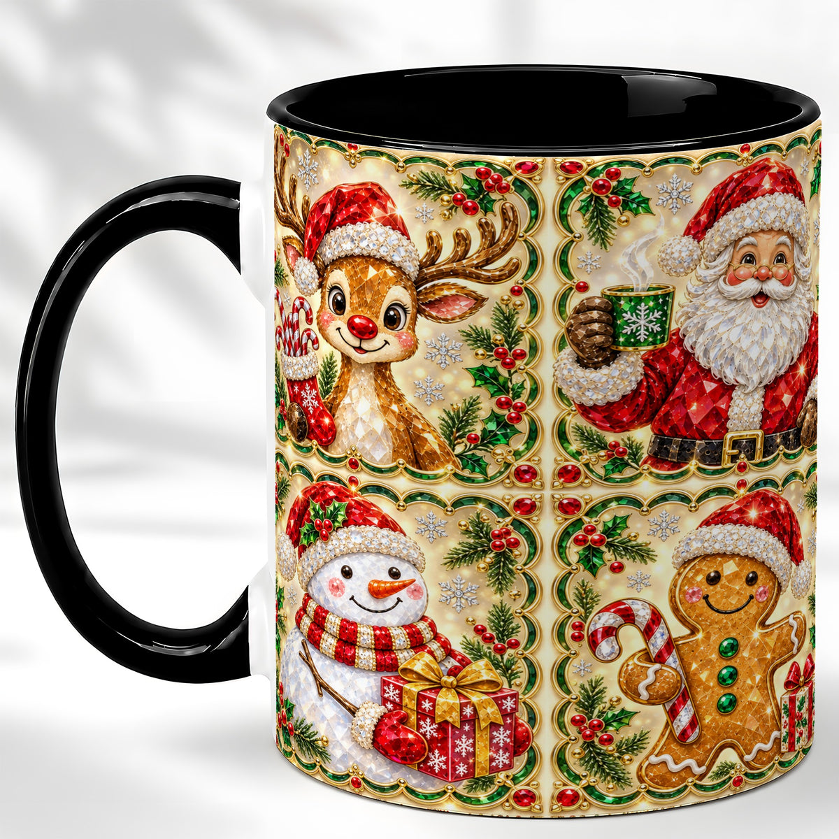 #pl[11oz|Black] Jeweled Holiday Friends Coffee Mug, Christmas Mug, Ceramic Cup
