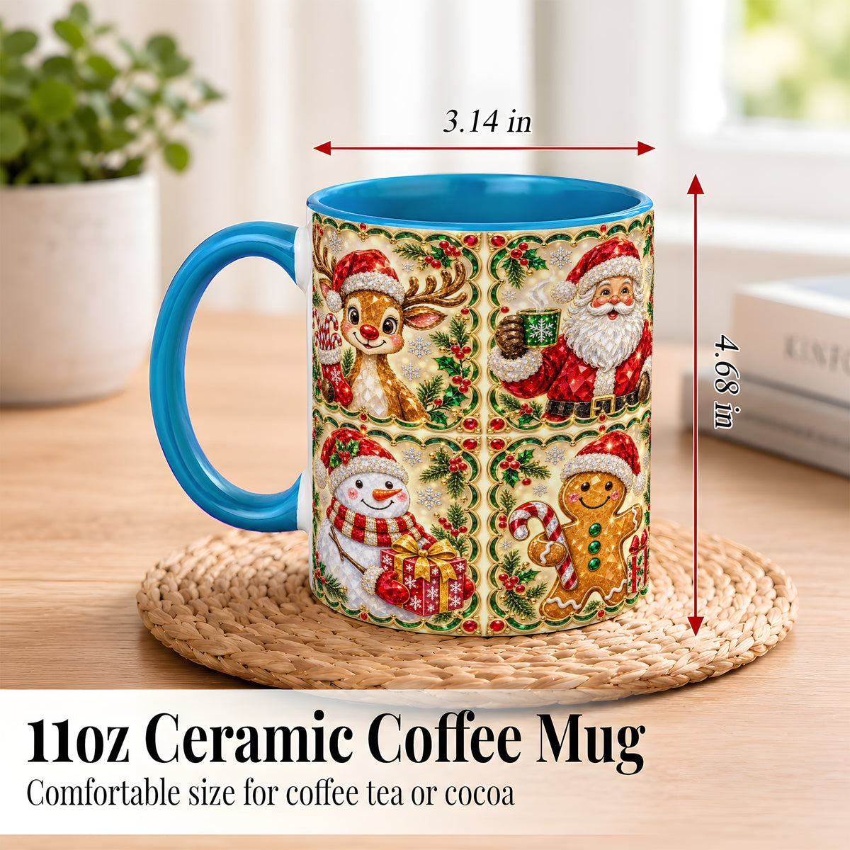 #pl[11oz|Blue] Jeweled Holiday Friends Coffee Mug, Christmas Mug, Ceramic Cup