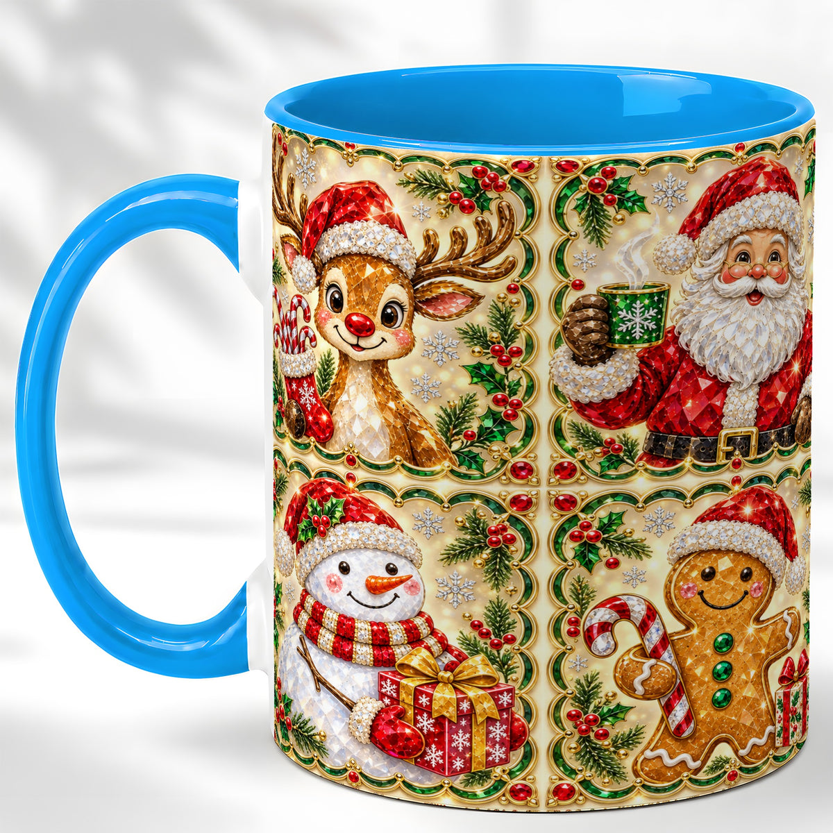 #pl[11oz|Blue] Jeweled Holiday Friends Coffee Mug, Christmas Mug, Ceramic Cup