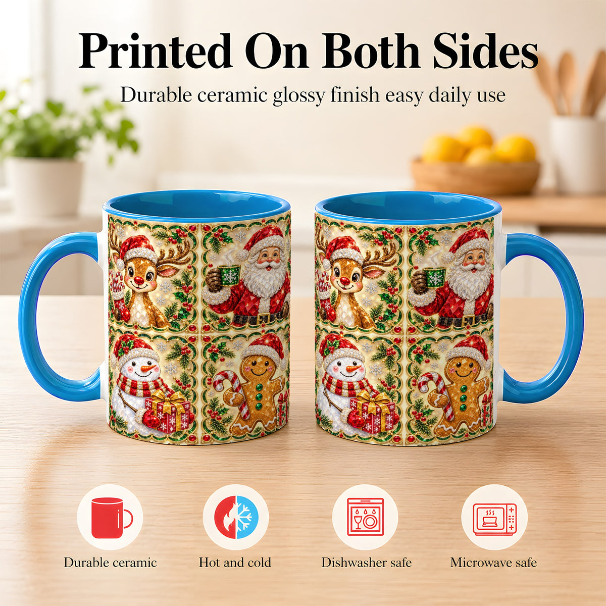 #pl[11oz|Blue] Jeweled Holiday Friends Coffee Mug, Christmas Mug, Ceramic Cup