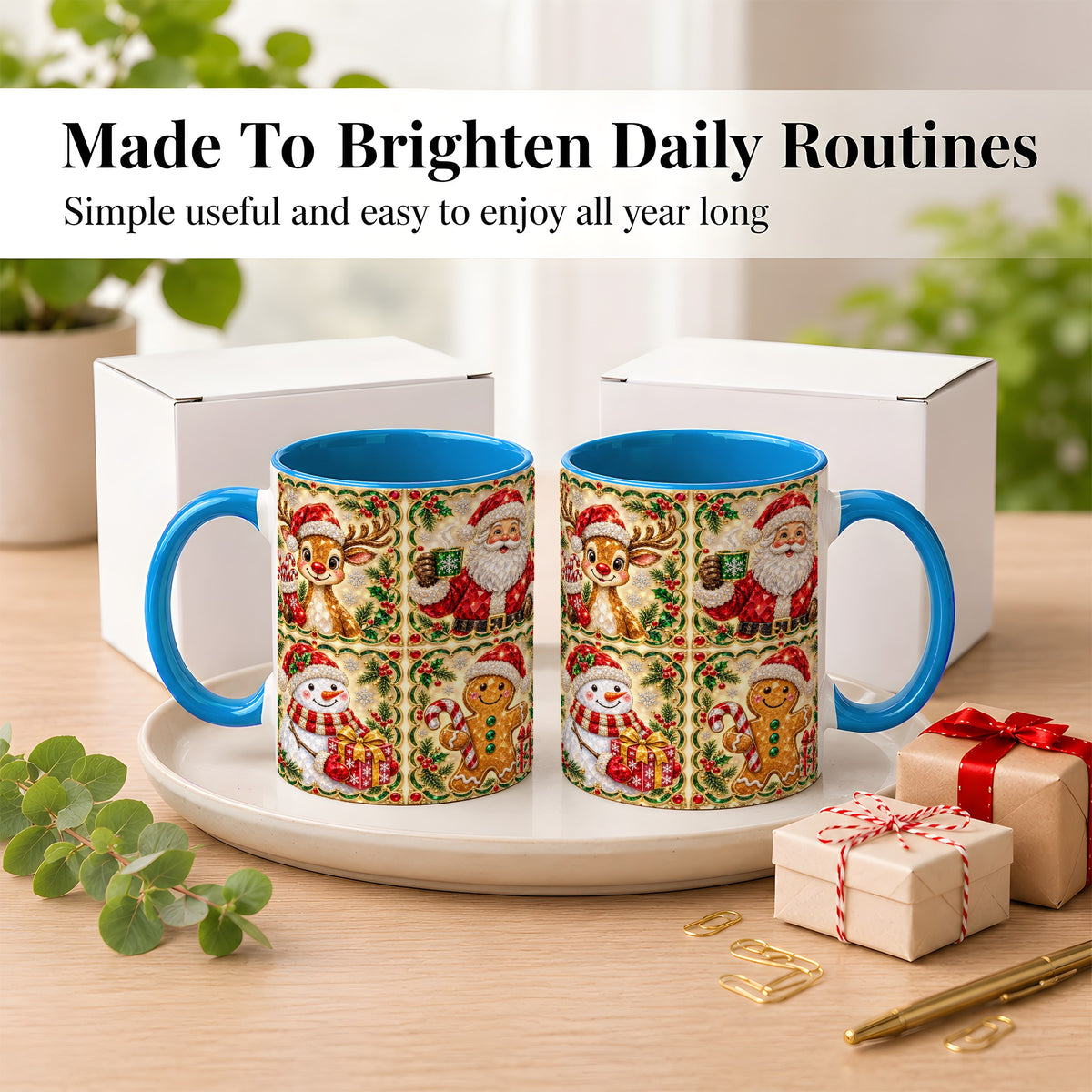 #pl[11oz|Blue] Jeweled Holiday Friends Coffee Mug, Christmas Mug, Ceramic Cup