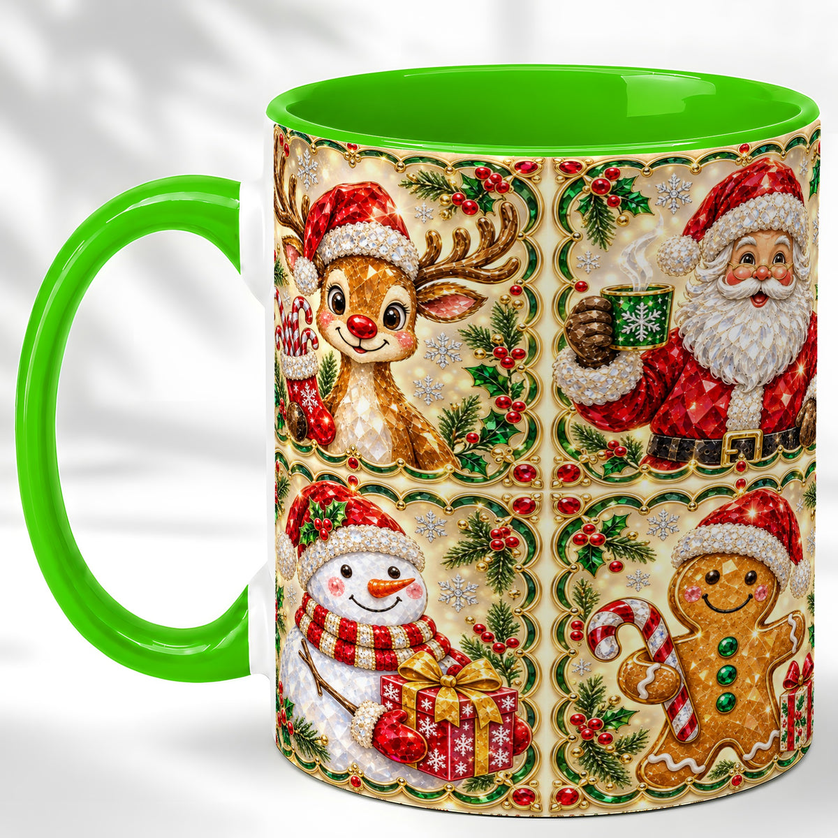 #pl[11oz|Green] Jeweled Holiday Friends Coffee Mug, Christmas Mug, Ceramic Cup