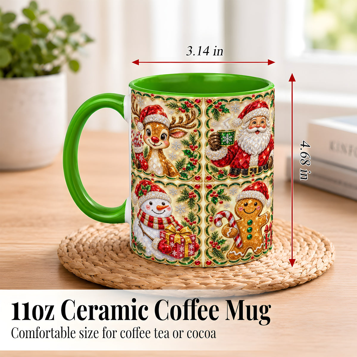 #pl[11oz|Green] Jeweled Holiday Friends Coffee Mug, Christmas Mug, Ceramic Cup