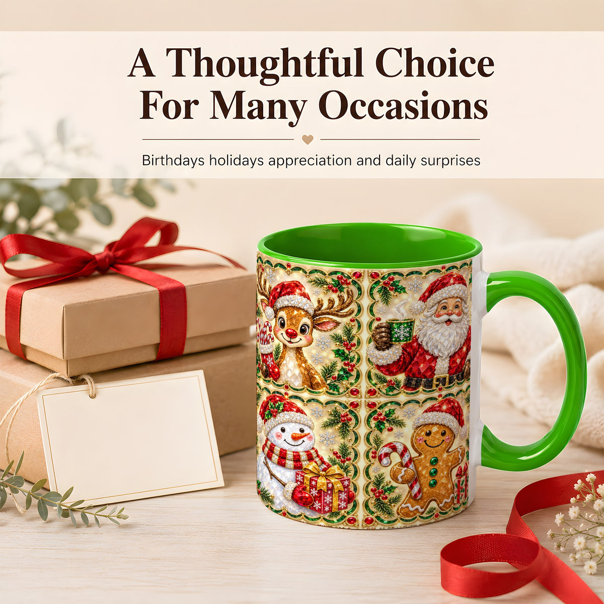 #pl[11oz|Green] Jeweled Holiday Friends Coffee Mug, Christmas Mug, Ceramic Cup