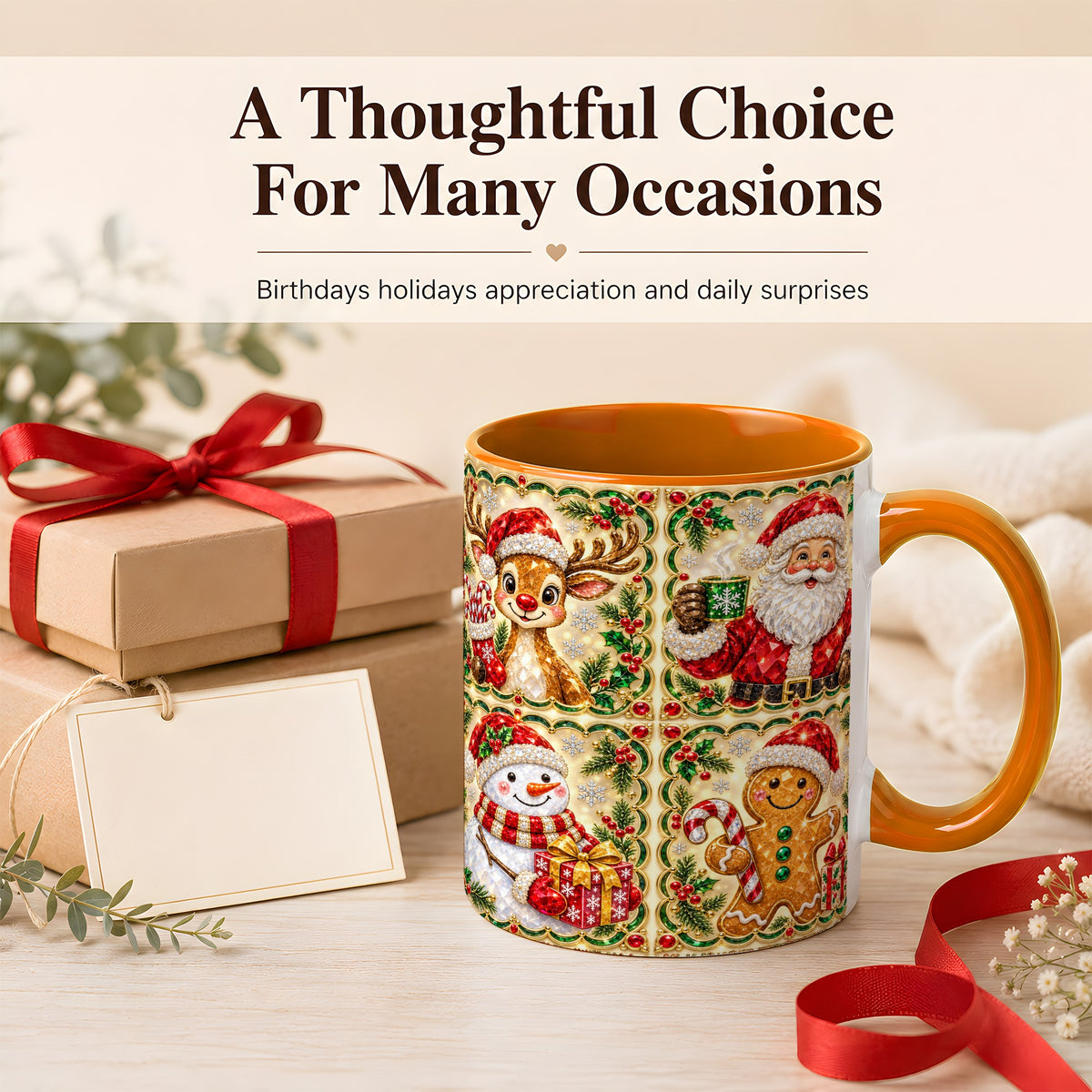#pl[11oz|Orange] Jeweled Holiday Friends Coffee Mug, Christmas Mug, Ceramic Cup