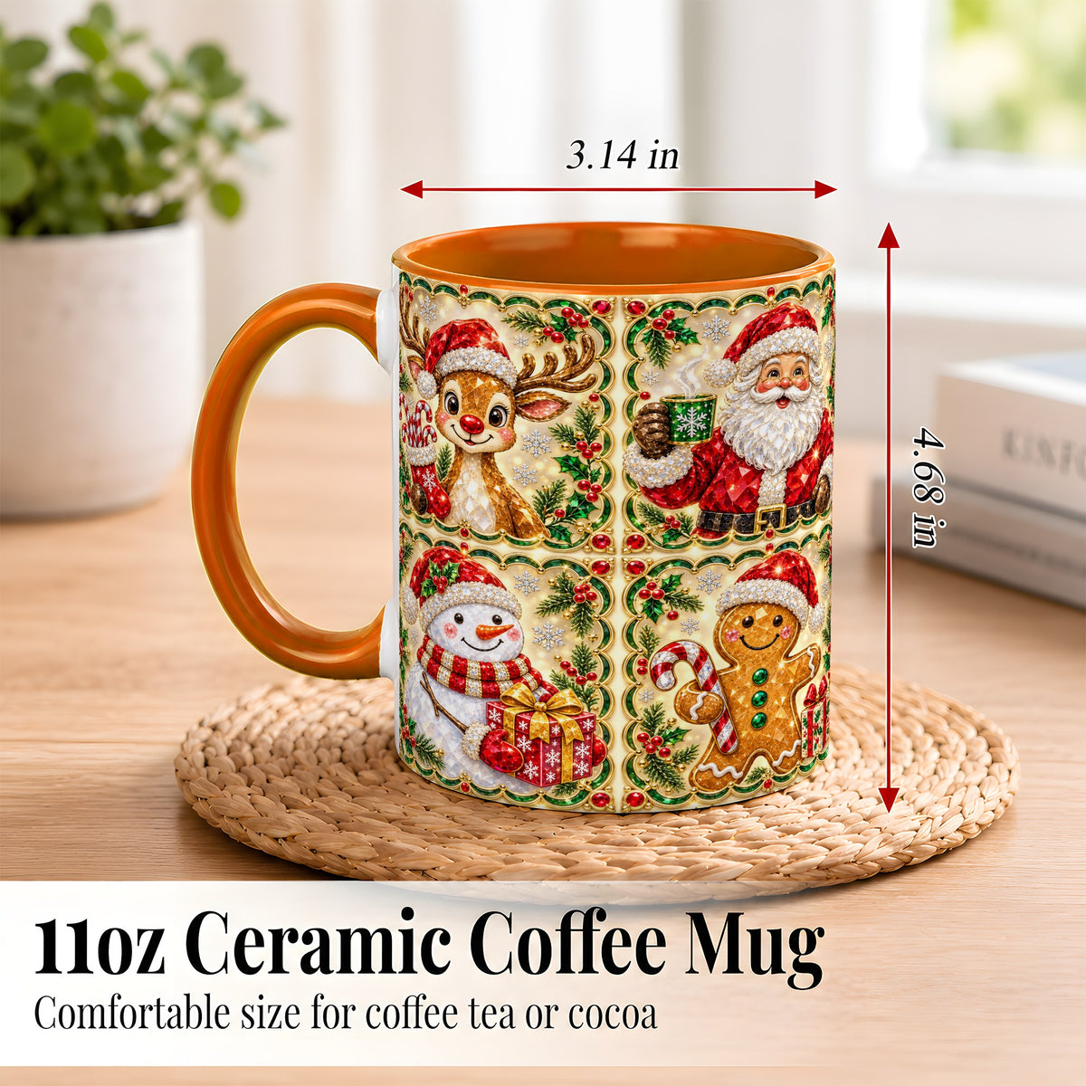 #pl[11oz|Orange] Jeweled Holiday Friends Coffee Mug, Christmas Mug, Ceramic Cup