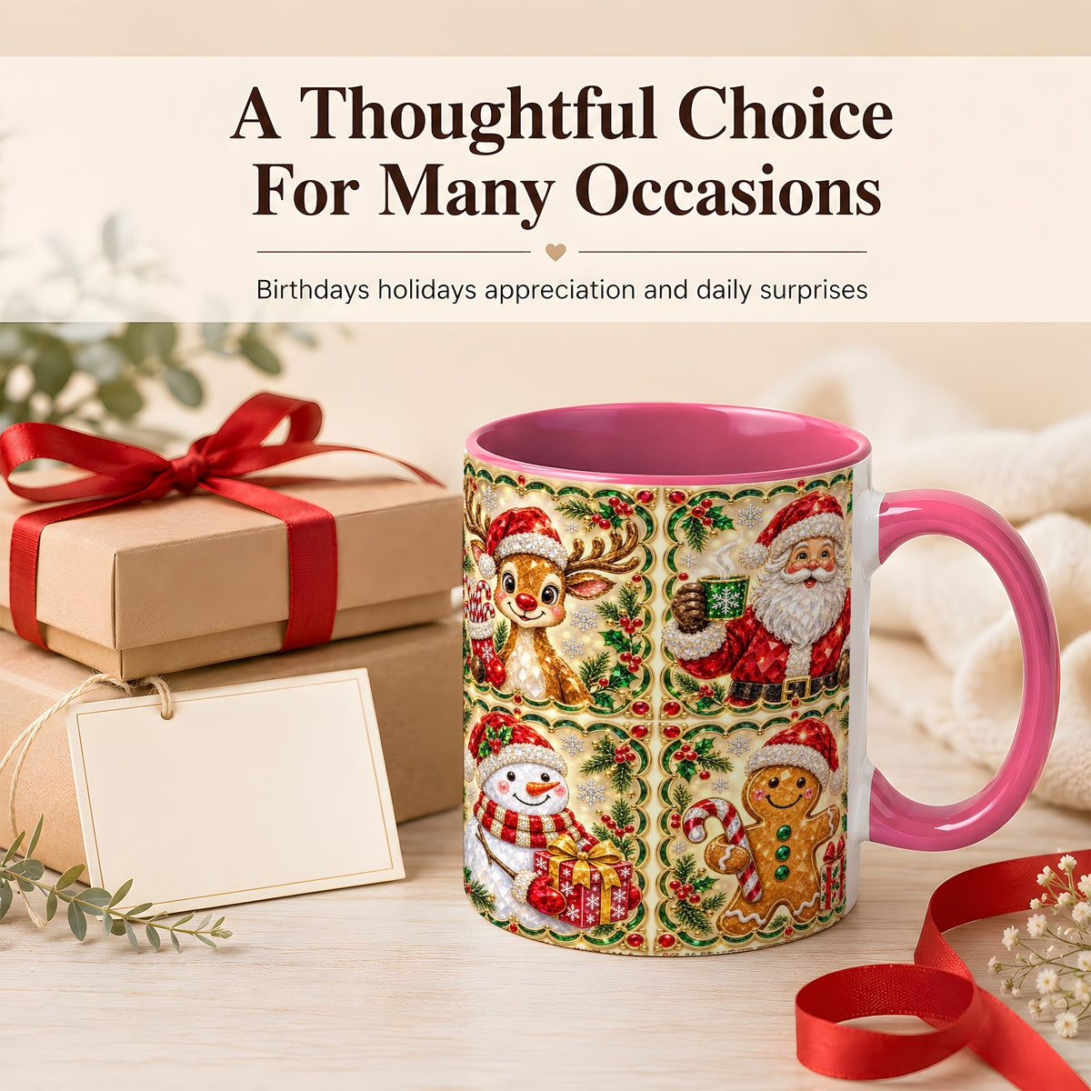 #pl[11oz|Pink] Jeweled Holiday Friends Coffee Mug, Christmas Mug, Ceramic Cup