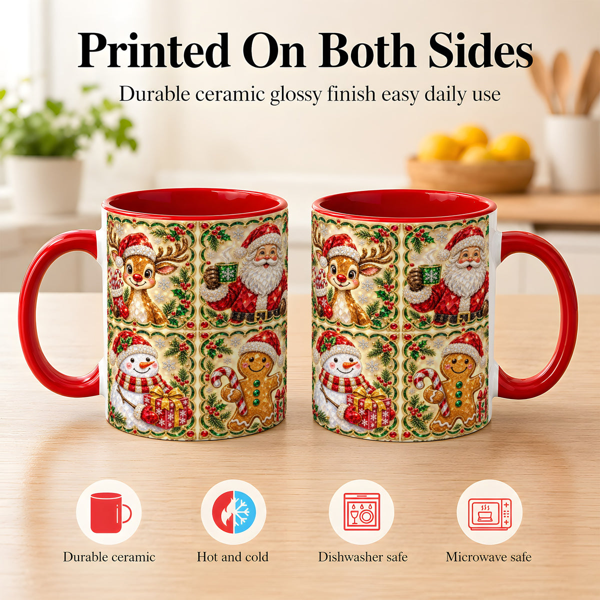 #pl[11oz|Red] Jeweled Holiday Friends Coffee Mug, Christmas Mug, Ceramic Cup